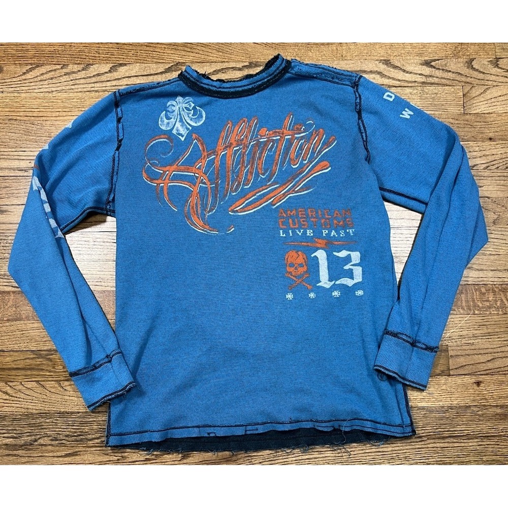 Affliction Men's Reversible Thermal Long Sleeve Shirt Sz XL Skulls Sword Y2K